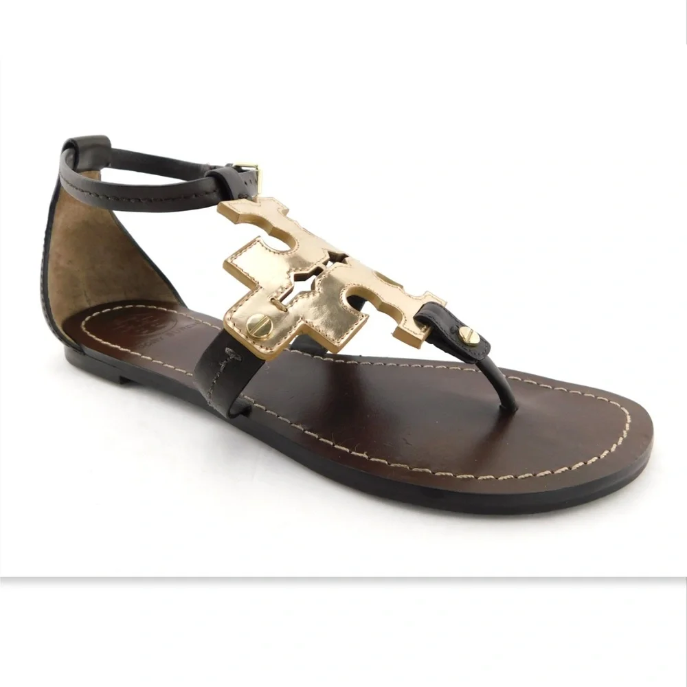 TORY BURCH Brown Leather Gold Logo Thong Ankle Strap Sandals 6.5